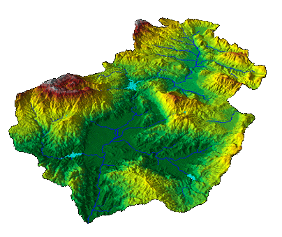 Digital terrain model colored elevation map with drainage network